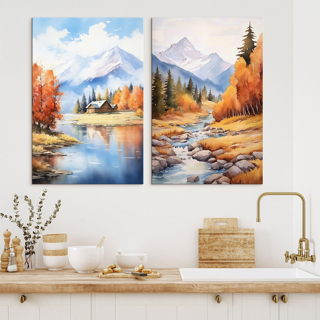 Watercolor painting of a house and a river