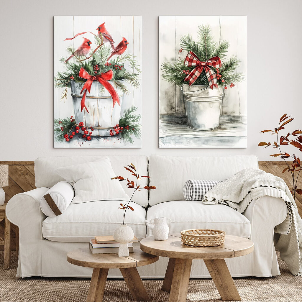 Two watercolor paintings of birds and a bucket of plants