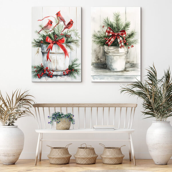 Two watercolor paintings of birds and a bucket of plants