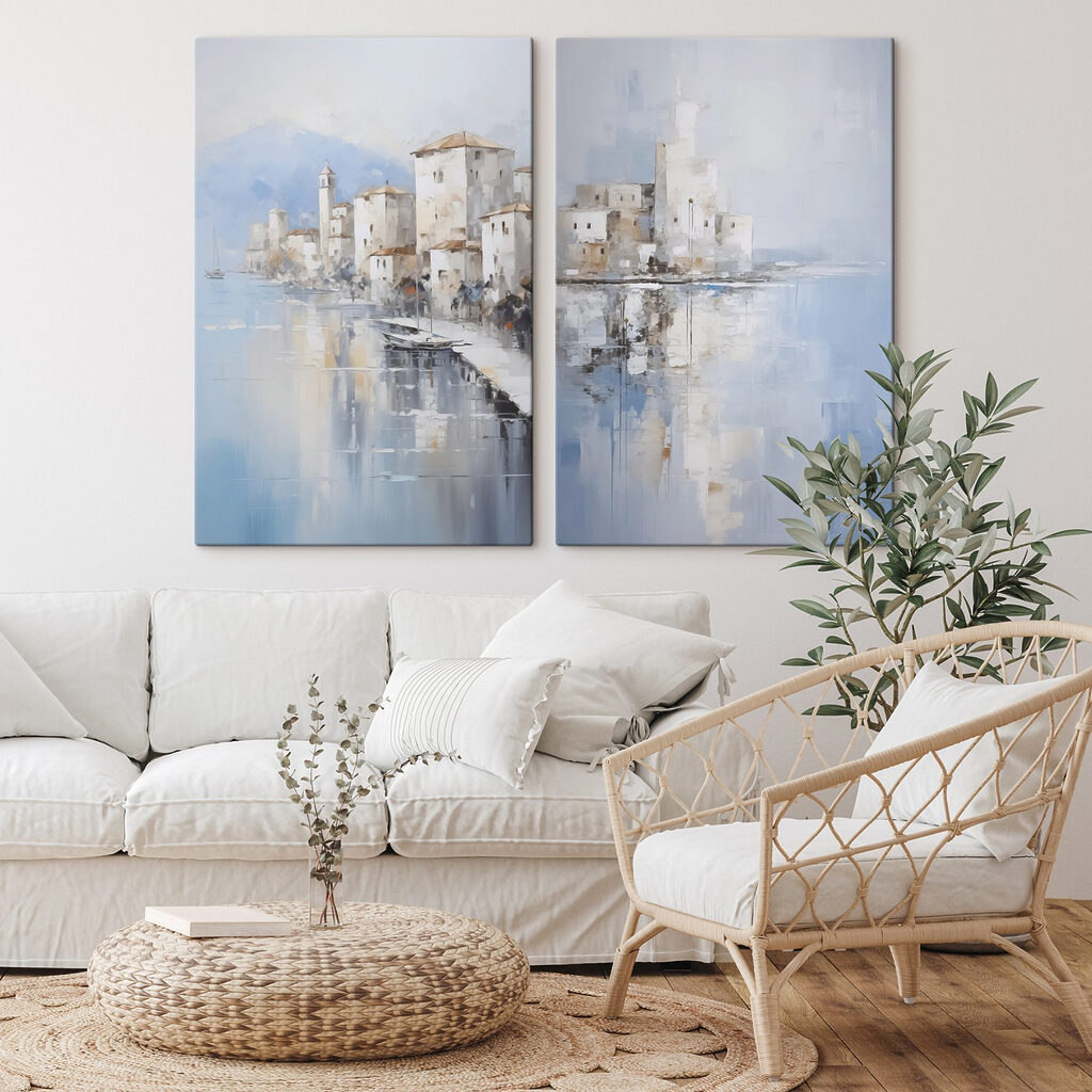 Painting of a city and a body of water