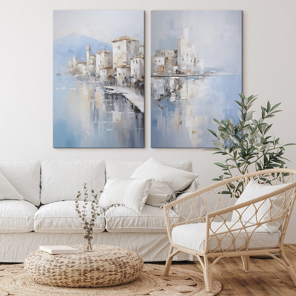Painting of a city and a body of water