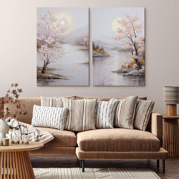 Painting of a river and a tree with pink flowers