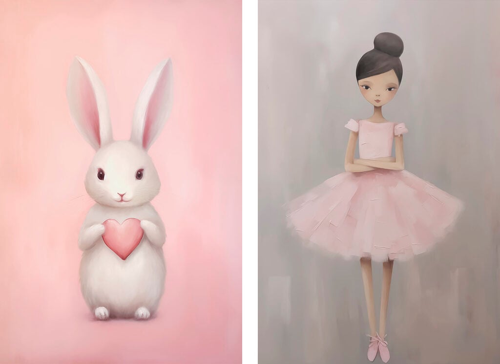 Two paintings of a girl and a rabbit