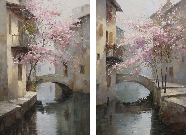 Painting of a bridge over a river