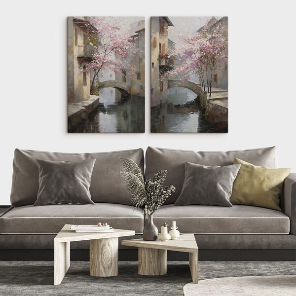 Painting of a bridge over a river