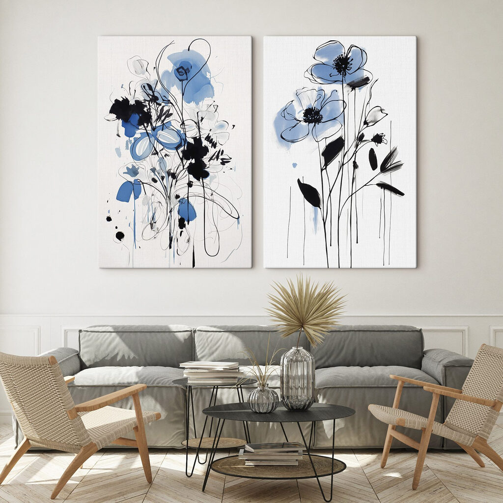 Painting of flowers with black and blue paint
