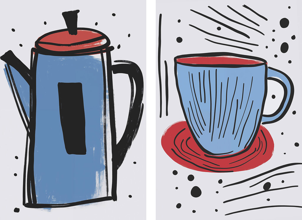 Drawing of a coffee pot and a cup