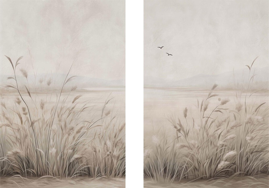 Painting of grass and birds flying
