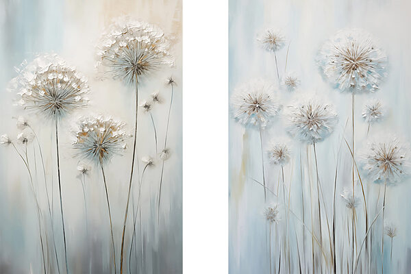 Painting of dandelions on a blue background