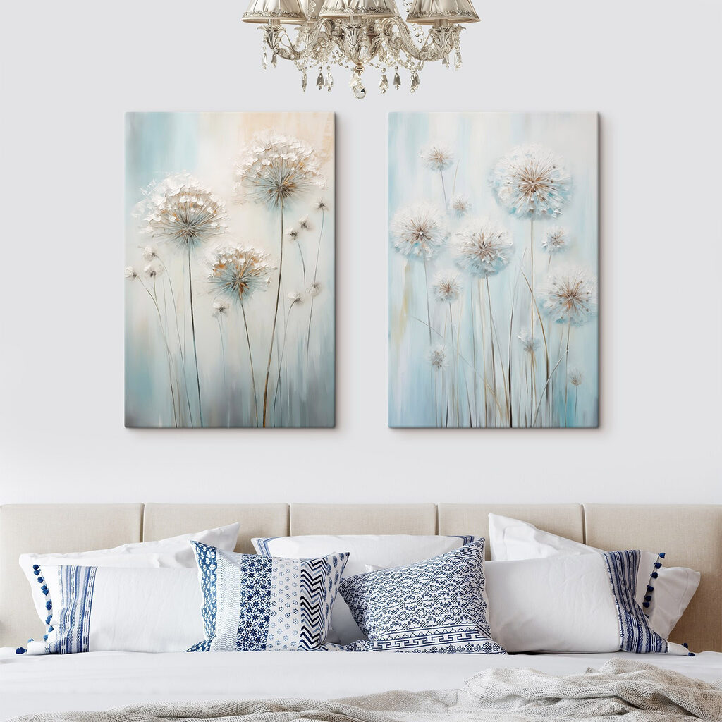 Painting of dandelions on a blue background