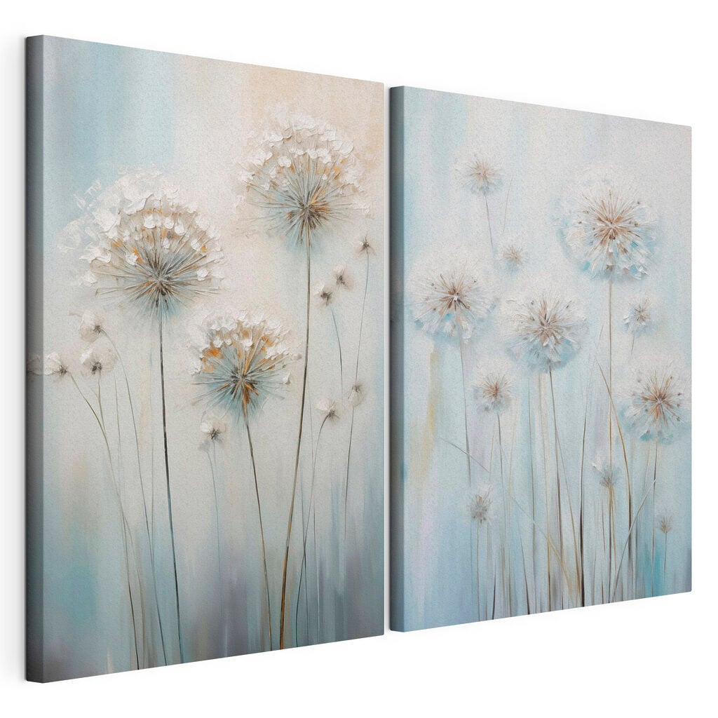 Painting of dandelions on a blue background