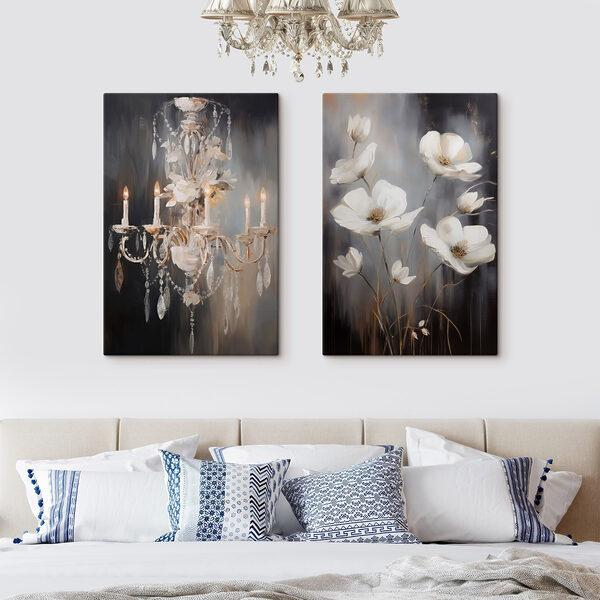 Painting of flowers and chandelier