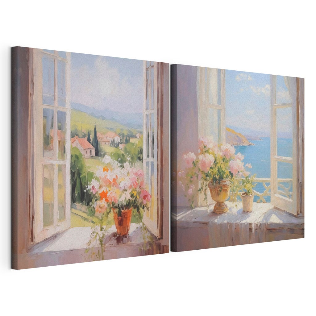 Painting of flowers on a window sill