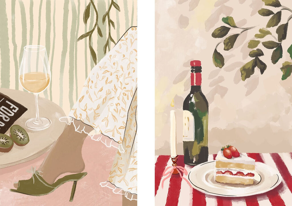 Painting of a woman's feet and a cake on a table