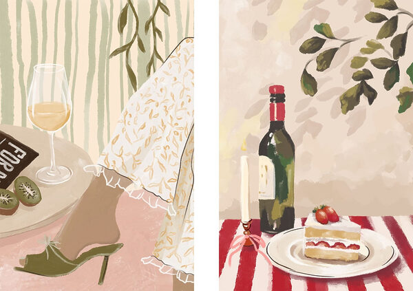 Painting of a woman's feet and a cake on a table