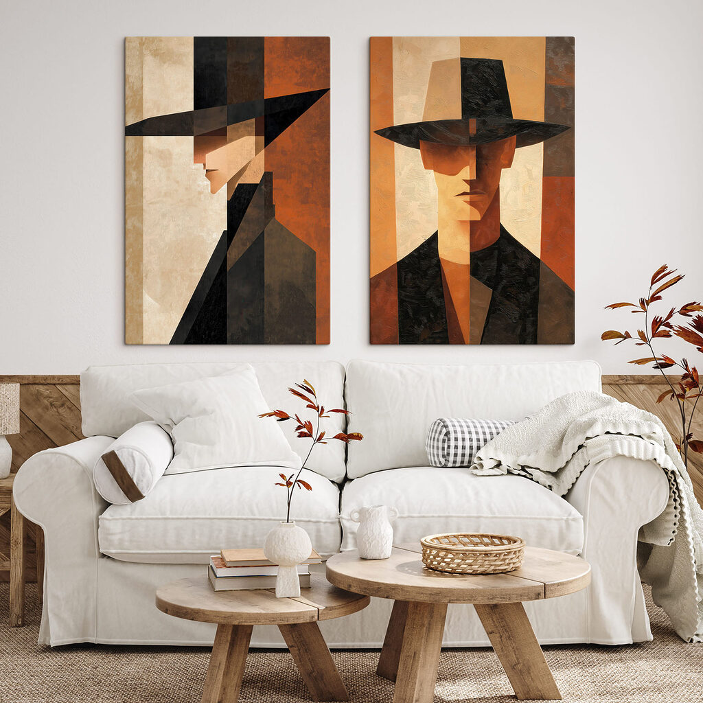 Couple of paintings of a man in a hat