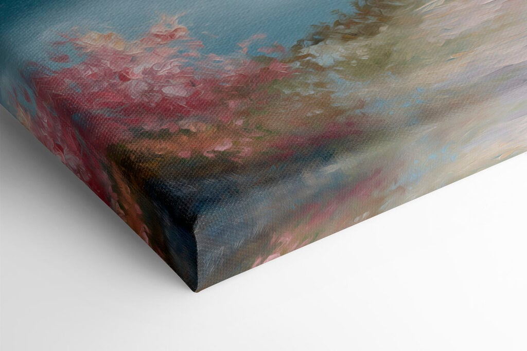 Painting of a path by a lake with pink flowers