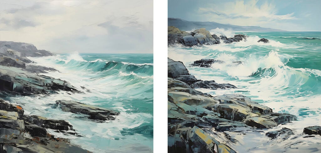 Painting of waves crashing on rocks