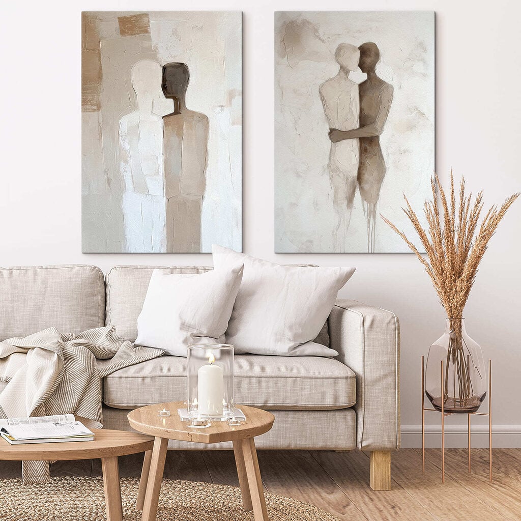 Two paintings of people hugging each other