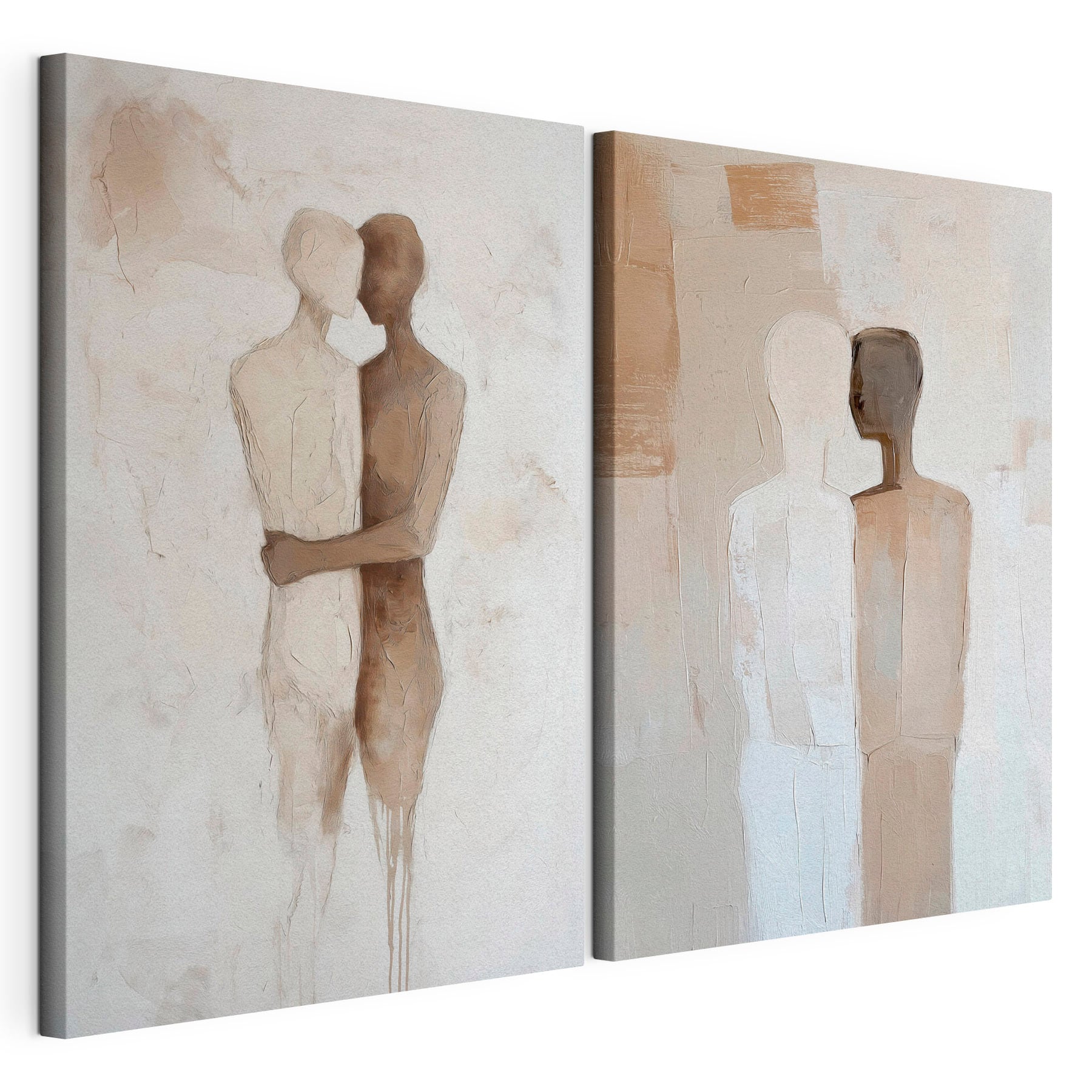 Two paintings of people hugging each other
