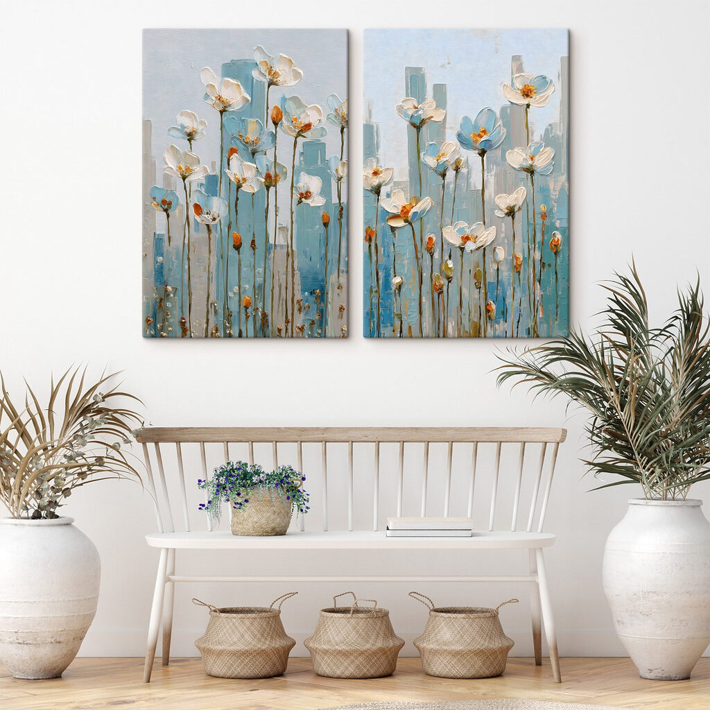 Painting of flowers in a city