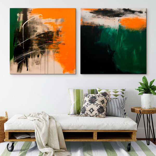 Two art pieces of orange and black