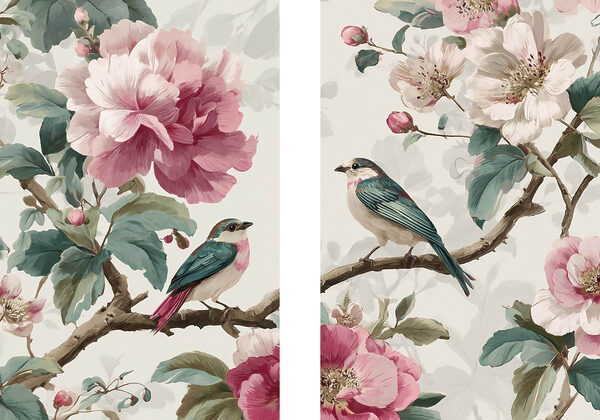 Two birds on a branch with flowers
