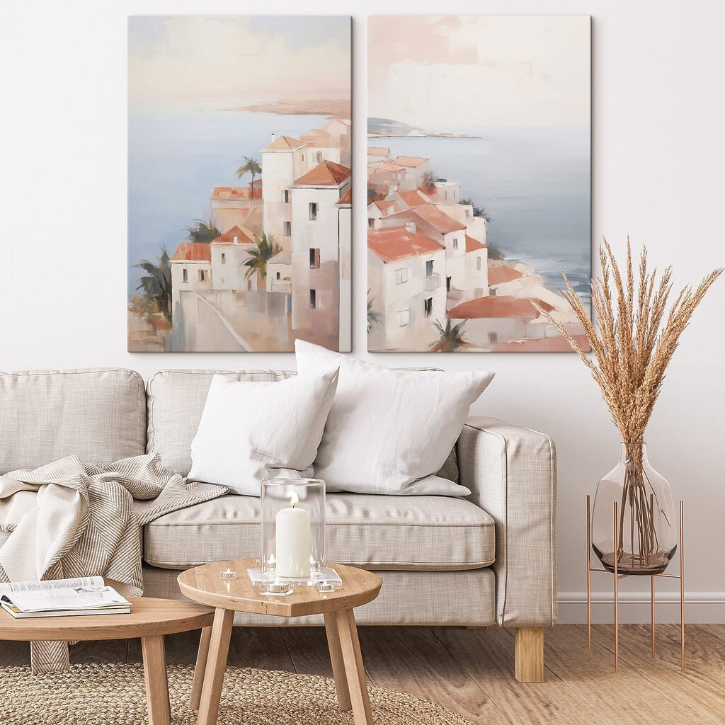 Painting of a town on a cliff