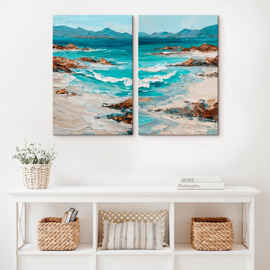 Painting of a beach with waves and rocks