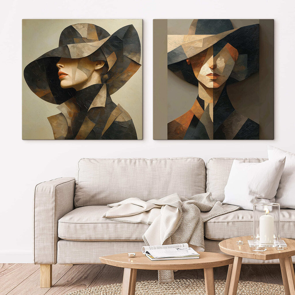 Collage of a painting of a woman in a hat