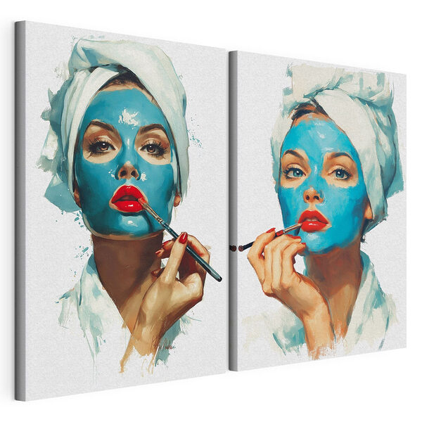 Collage of a woman applying a blue mask