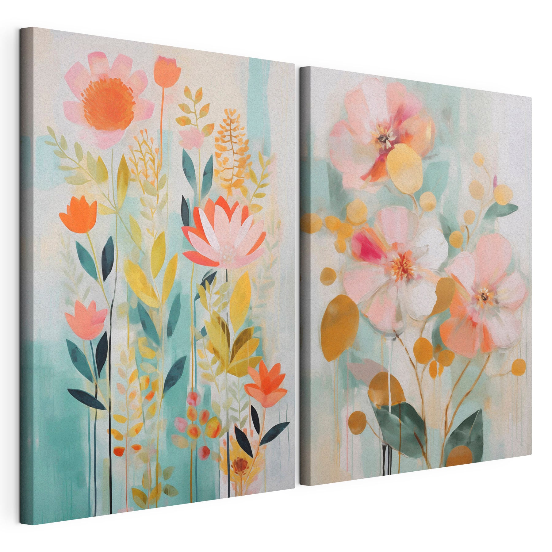 Two paintings of flowers and leaves