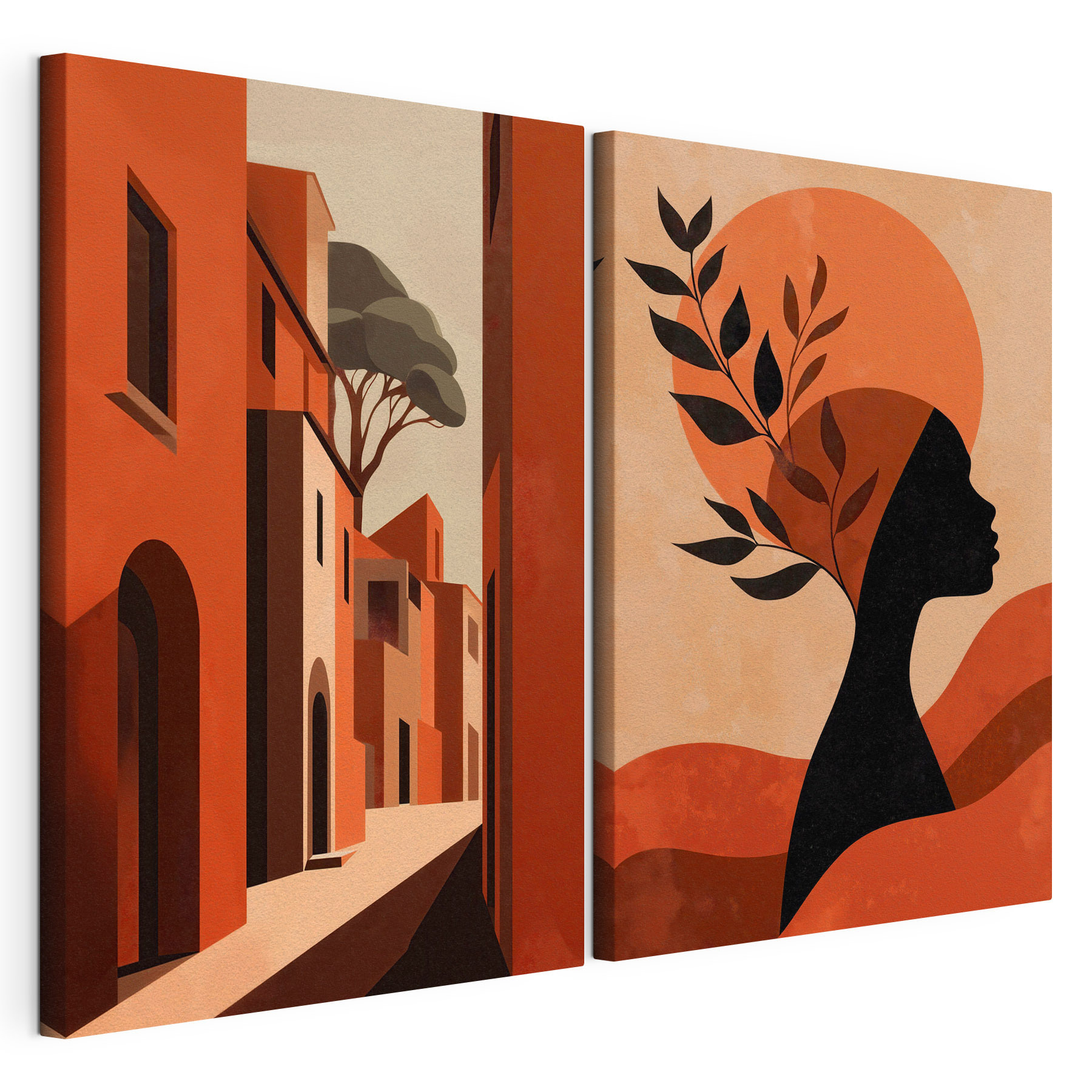 Woman with a hat on her head and a street with buildings