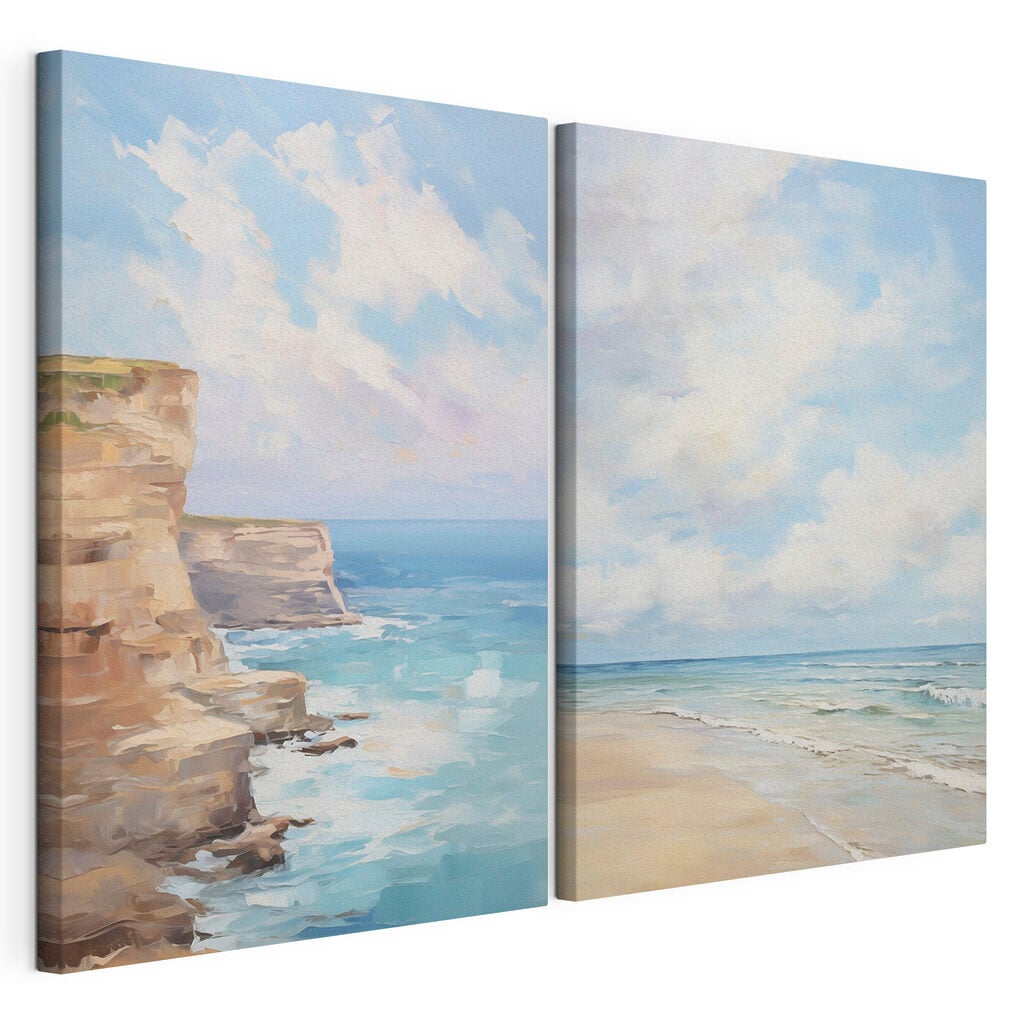 Painting of a beach and a cliff