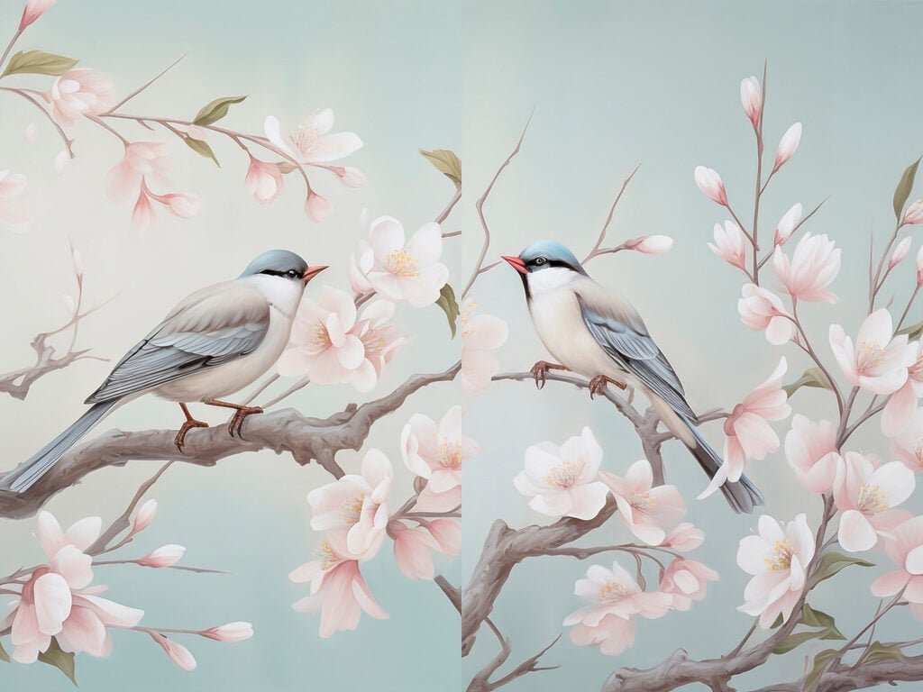 Couple of birds on a branch with flowers