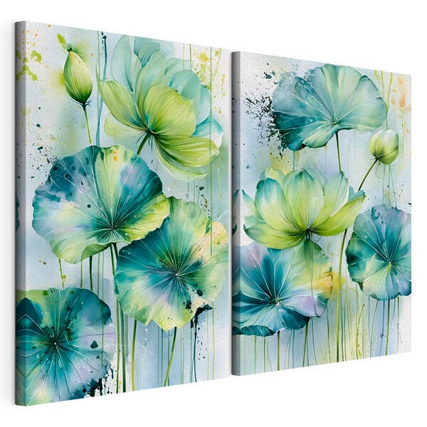 Painting of flowers with green leaves