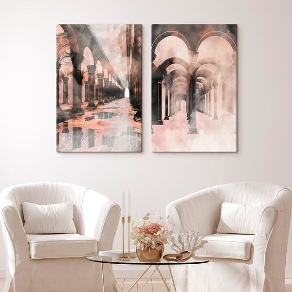 Collage of a hallway with columns and a puddle of water