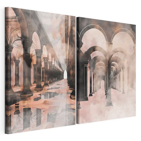 Collage of a hallway with columns and a puddle of water