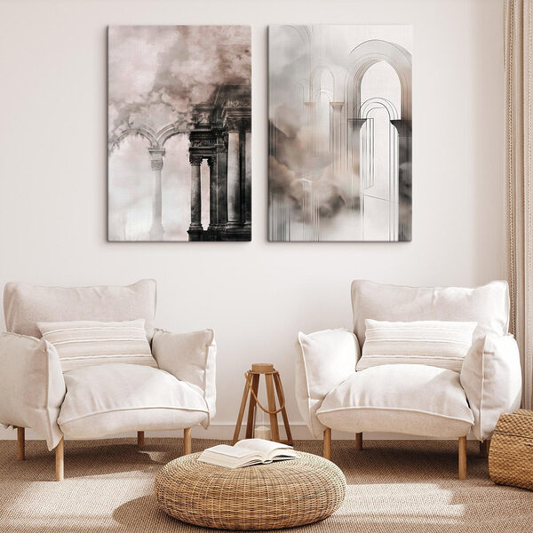 Collage of a building with columns and smoke