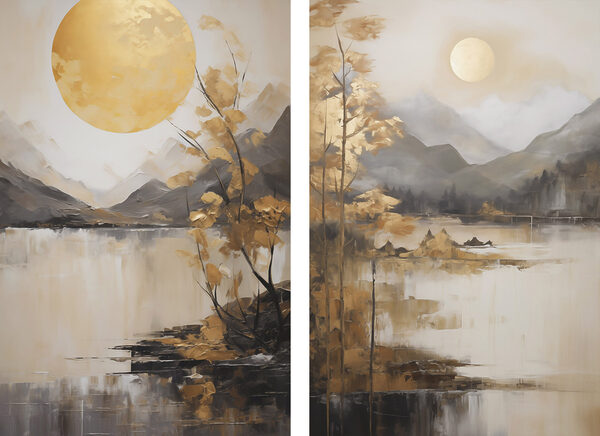 Painting of a landscape with a moon and mountains