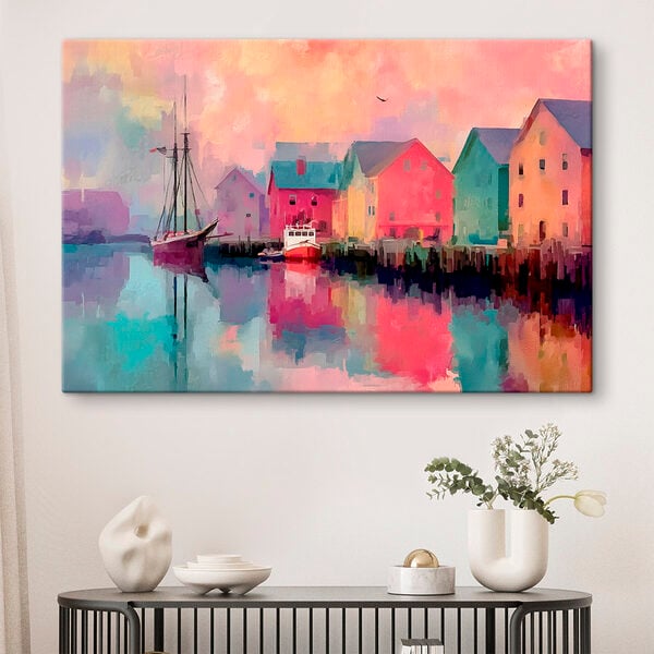 Colorful houses and a boat on the water