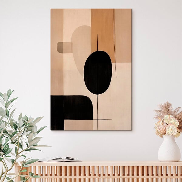 Painting of a black and white circle and oval shapes