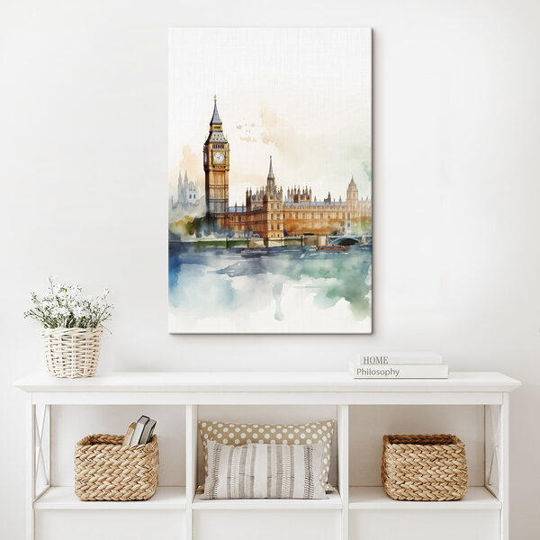 Watercolor of a building with a clock tower