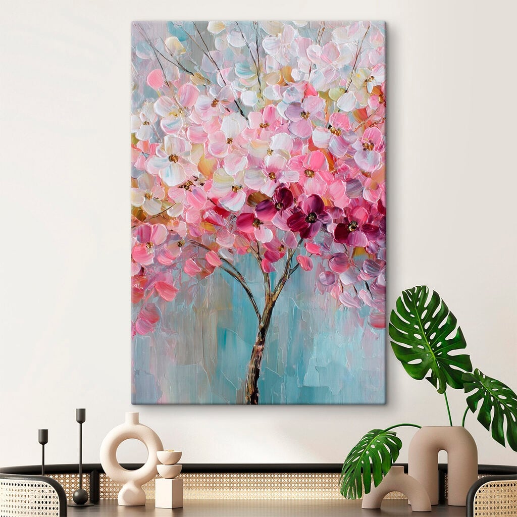 Painting of a tree with pink flowers