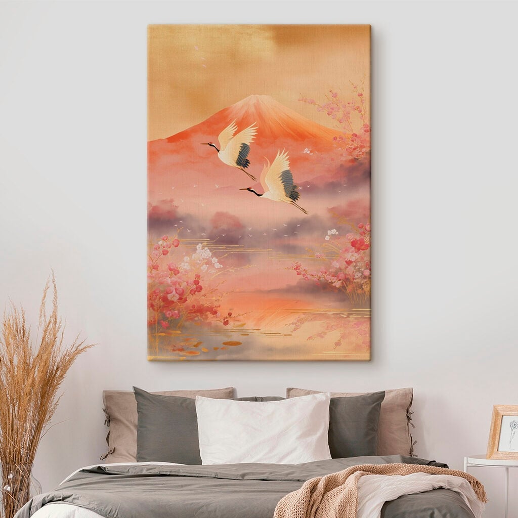 Painting of birds flying over a mountain