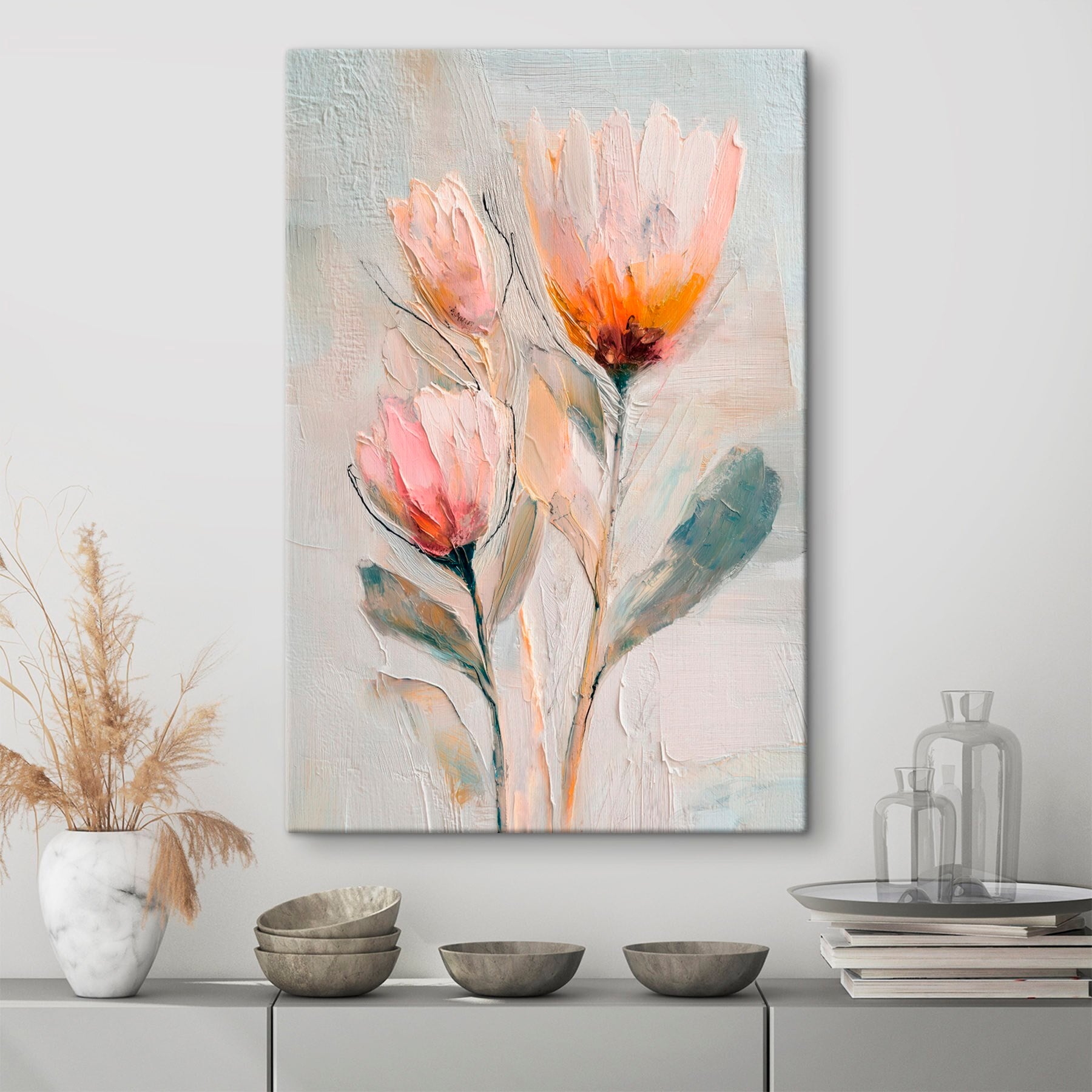 Painting of flowers on a white surface