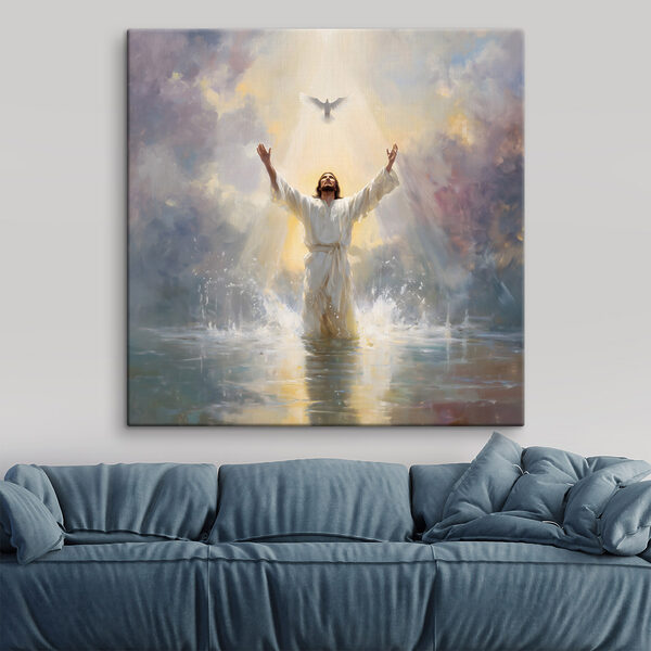 Man in white robe standing in water with arms outstretched