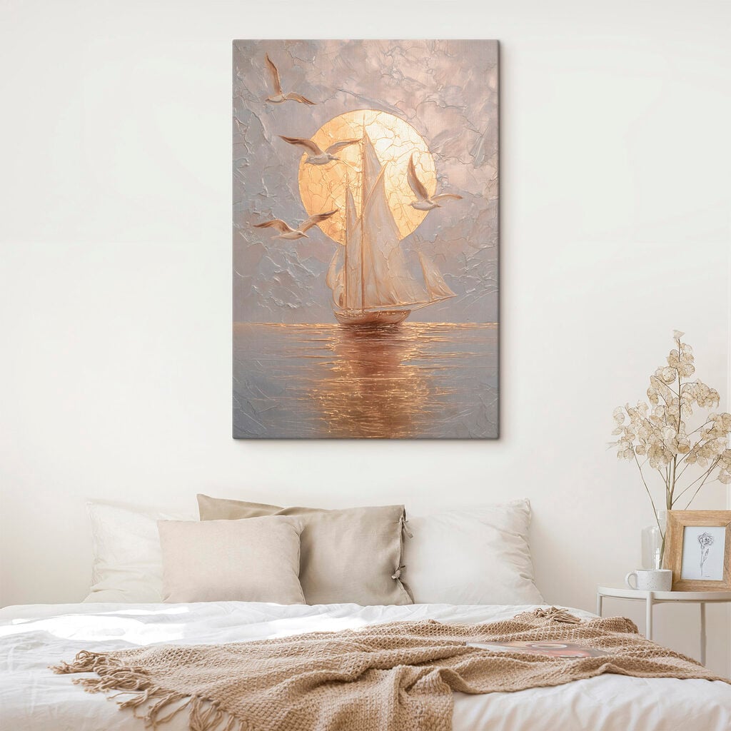 Painting of a sailboat and birds