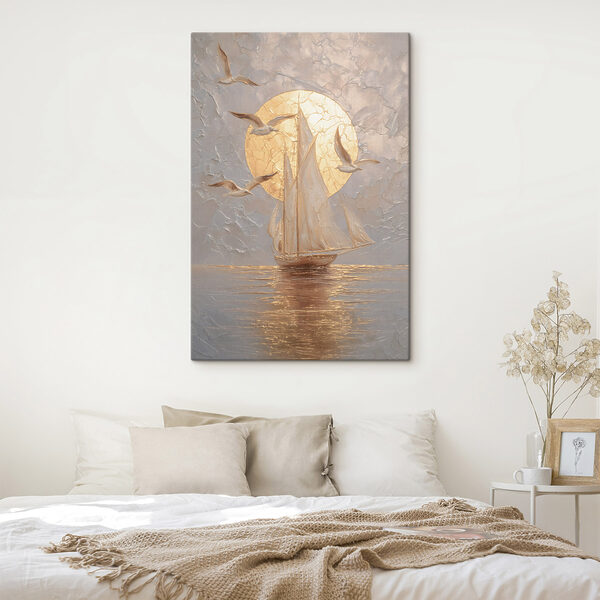 Painting of a sailboat and birds