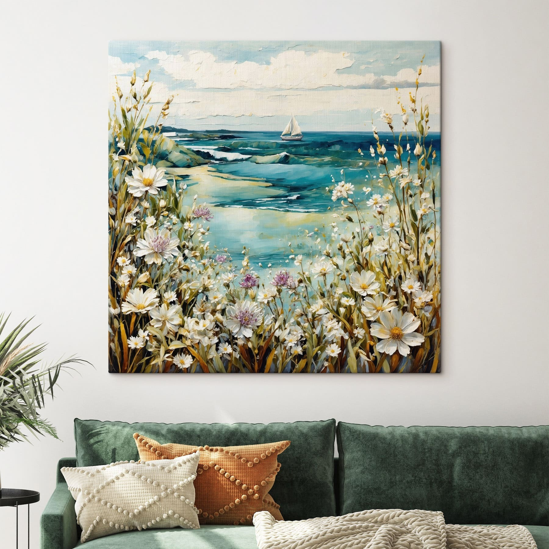 Painting of flowers and a body of water